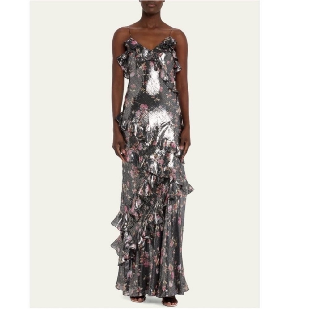 LoveShackFancy Rialto Floral Silk Lamé Maxi Dress Size 2
